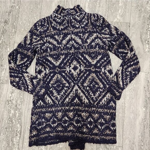 🇬🇪🔹️Lucky Blue Intarsia Chunky Knit Open Cascading Cardigan Sweater Large - Picture 5 of 12